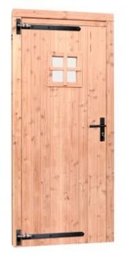 Douglas enkele deur met ruitje 90x201 cm, linksdraaiend, zwarte hengen, zwart beslag, kleurloos geimpregneerd.