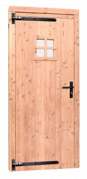 Douglas enkele deur met ruitje 90x201 cm, linksdraaiend, zwarte hengen, zwart beslag, kleurloos geimpregneerd.