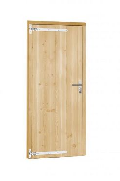 Vuren dichte enkele deur 90x201 cm, linksdraaiend, verzinkte hengen, RVS beslag, onbehandeld.