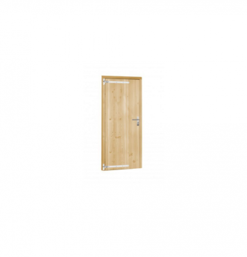 Vuren dichte enkele deur 90x201 cm, linksdraaiend, verzinkte hengen, RVS beslag, onbehandeld.