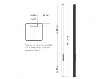 Lichtgewicht betonpaal mdk ongecoat 8,5x8,5x280 cm, eindpaal, antraciet