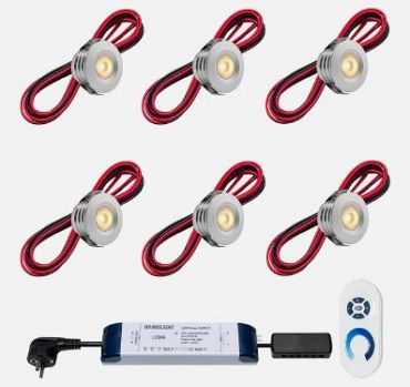 Set spots Pals aluminium, 6 stuks. Inclusief trafo, afstandsbediening en kabel van 5 meter.
