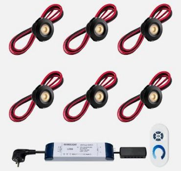 Set spots Pals zwart, 6 stuks. Inclusief trafo, afstandsbediening en kabel van 5 meter.