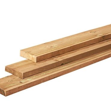 Grenen plank 1 zijde glad, 1 zijde fijnbezaagd, 2,8 x 19,5 x 400 cm, groen ge#mpregneerd.