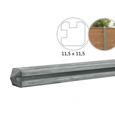 Betonpaal met sleuf en diamant kop t.b.v. schutting 11,5 x 11,5 x 278 cm, grijs hoekpaal, ongecoat.