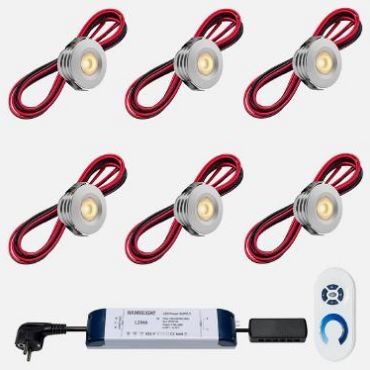 Set spots Pals aluminium, 6 stuks. Inclusief trafo, afstandsbediening en kabel van 5 meter.