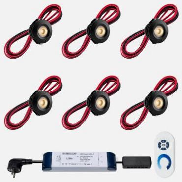 Set spots Pals zwart, 6 stuks. Inclusief trafo, afstandsbediening en kabel van 5 meter.