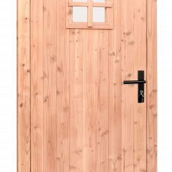 Douglas dichte enkele deur met ruitje 90x201 cm, linksdraaiend, zwarte hengen, zwart beslag, kleurloos geimpregneerd.