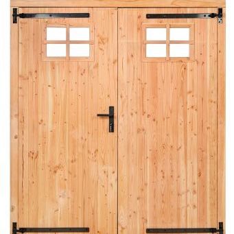 Douglas dubbele deur, met klein raam, inclusief kozijn, 185 x 205 cm, onbehandeld.