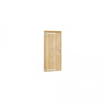 Vuren dichte enkele deur 90x201 cm, linksdraaiend, verzinkte hengen, RVS beslag, onbehandeld.